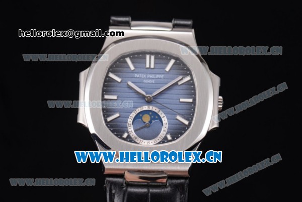 Patek Philippe Nautilus Miyota 9015 Automatic Steel Case with Blue Dial Black Leather Strap and Stick Markers - Click Image to Close